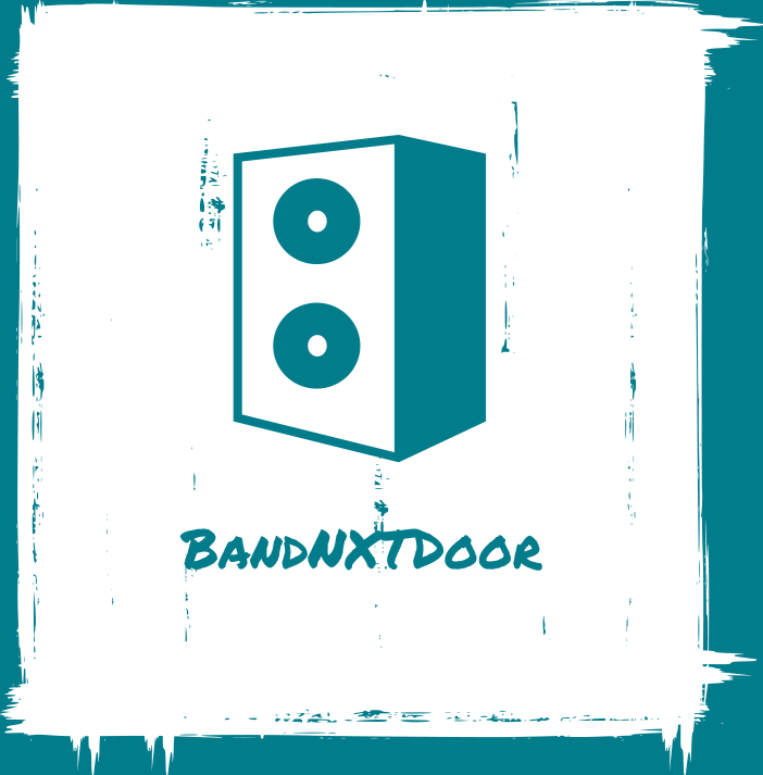 BandNXTDoor logo Set against white paint brush illustration, and a teal background